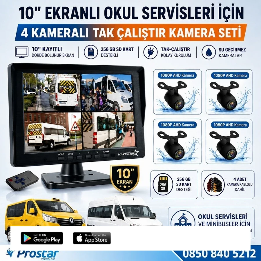 Kayıtlı 10" Dörde Bölünebilir 4 Kameralı Ahd 720P Okul Servisler Için Kamera Seti