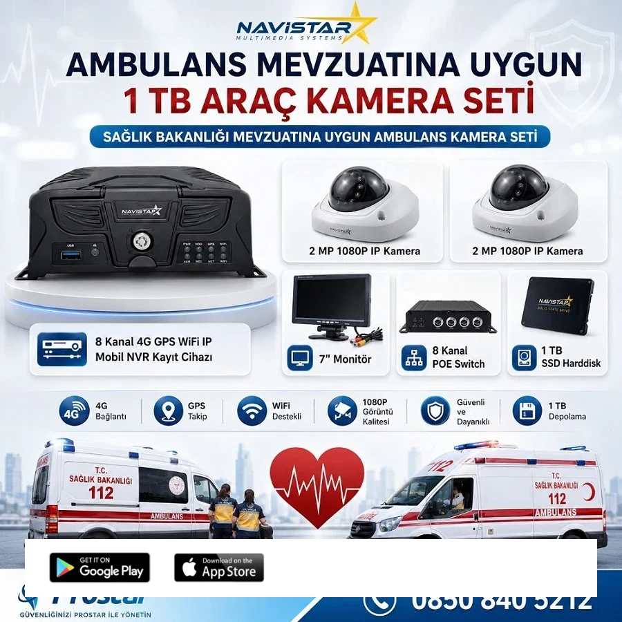 Ambulans Mevzuatına Uygun 2 Kameralı 8 Kanal Mobil NVR 1 TB 7 inç Monitörlü Tak Kullan Set