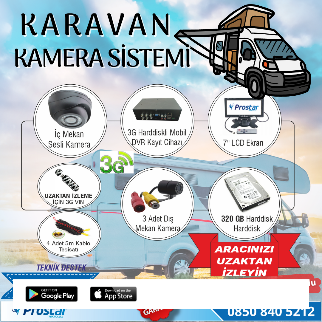 Uzaktan Takipli Karavan Kamera Sistemi Seti Kayıtlı Harddiskli 320 Gb Dahil 4 Kameralı Ekranlı