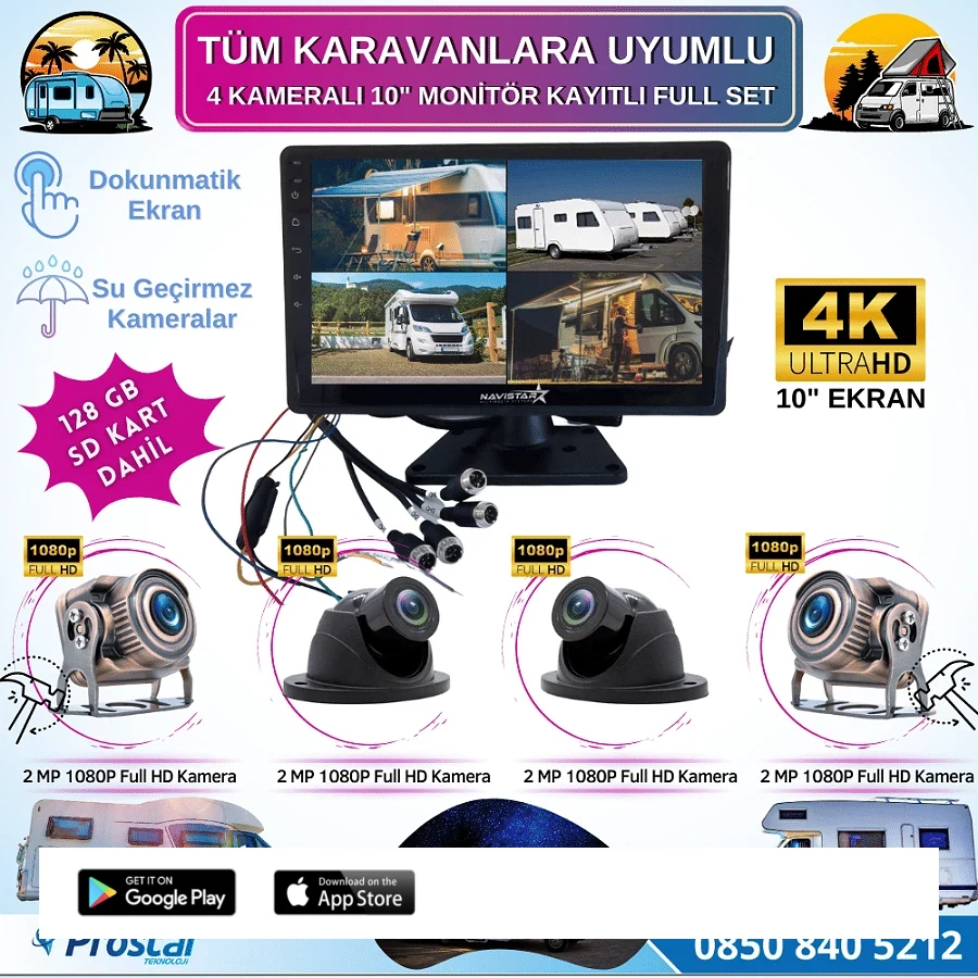 Karavan Kamera Seti 128 Gb Sd Dahil 4 Kameralı 10 Inç Dokunmatik Ekranlı Tak Kullan