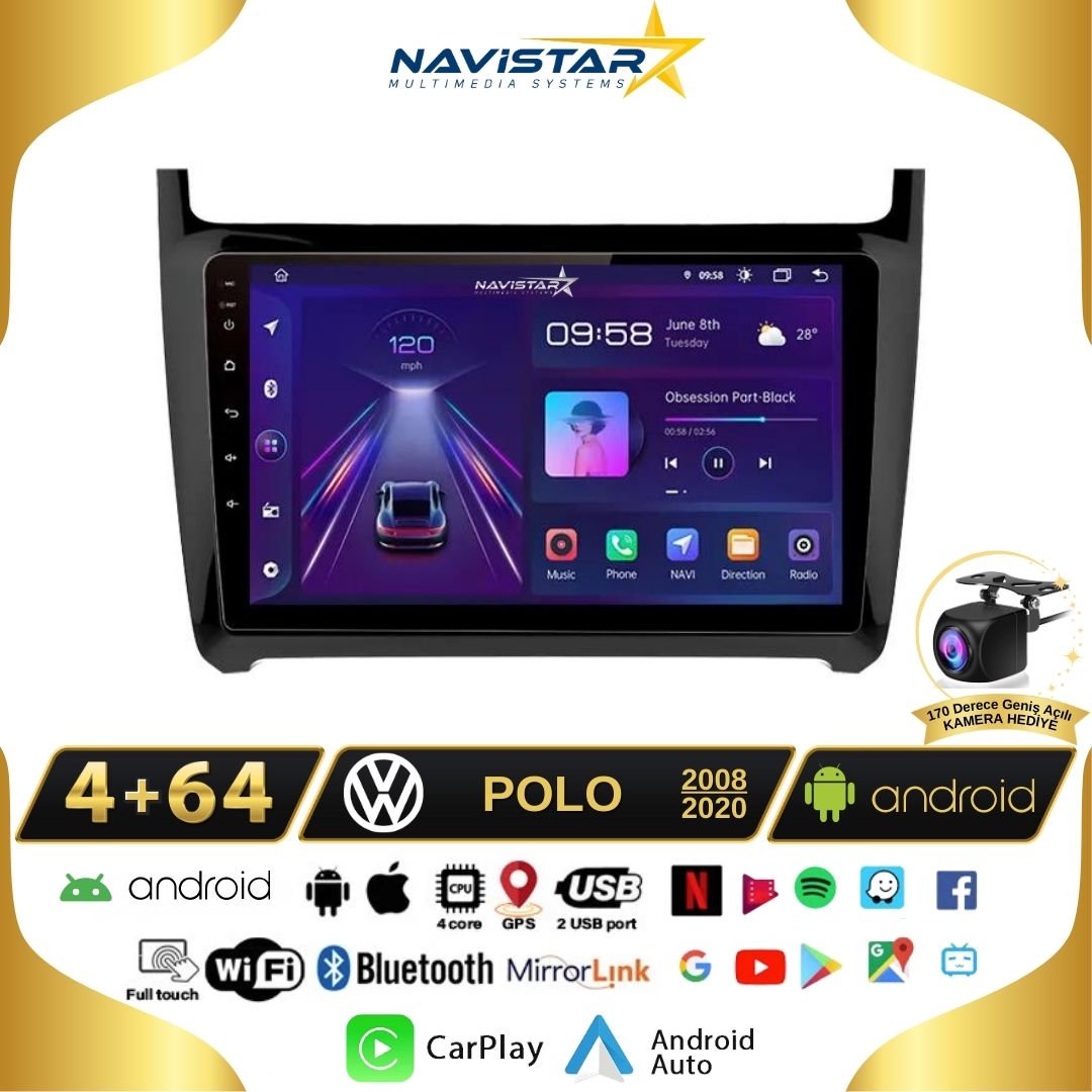 Volkswagen Polo 4GB + 64GB Android 13 Kablosuz Carplay 2008-2020 Navigasyon Multimedya Sistemi