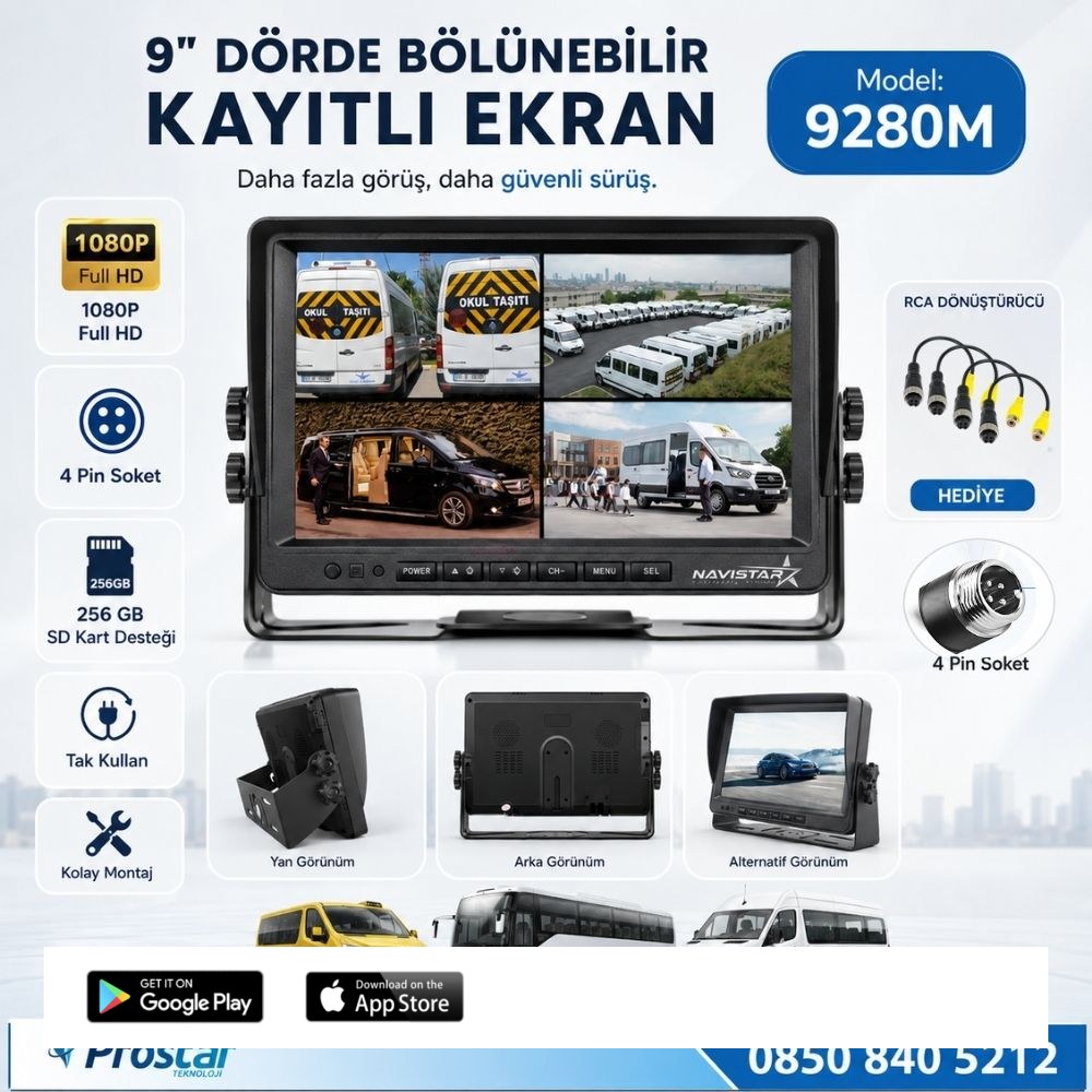 9 inç Kayıtlı Dörde Bölünür Monitör 256Gb Sd Destekli 4 Kamera Takılabilir 4 Pin Soketli