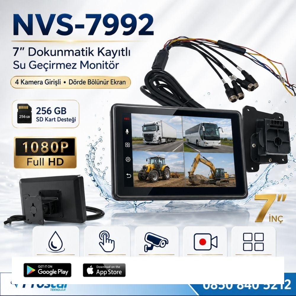 7" Su Geçirmez Dokunmatik Kayıtlı 4 Kamera Girişli 256 GB SD Destekli Monitör