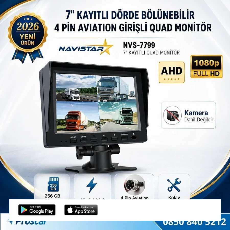 7 inç Dörde Bölünebilir Kayıtlı Quad Monitör 4 Pin Aviation Girişli AHD 1080P/720P/CVBS Analog Pal Ntsc 256GB SD Kart Destekli