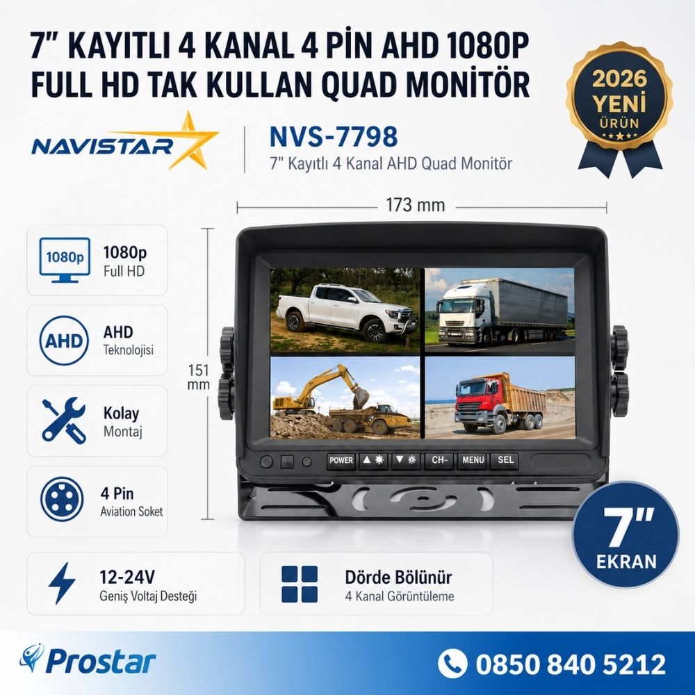 Kayıtlı 7 inç 4 Kanal Full HD Quad AHD/Analog 4 Pin Araç Monitörü 256 GB SD Kart Destekli 12-24V