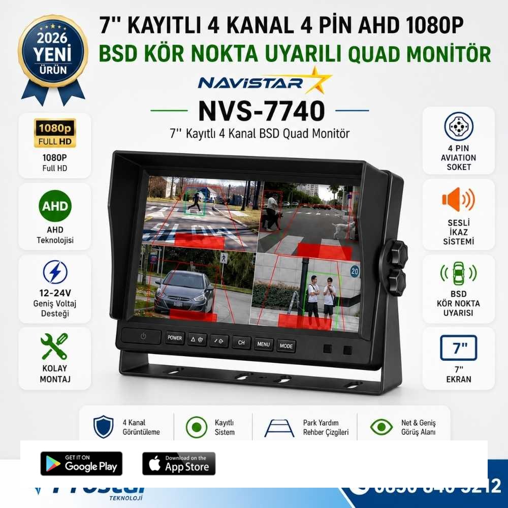 7 inç 4 Kanal Full HD BSD Kör Nokta Uyarılı AHD Quad Araç Monitörü Aktif Nesne Algılama + Sesli İkaz 12-24V