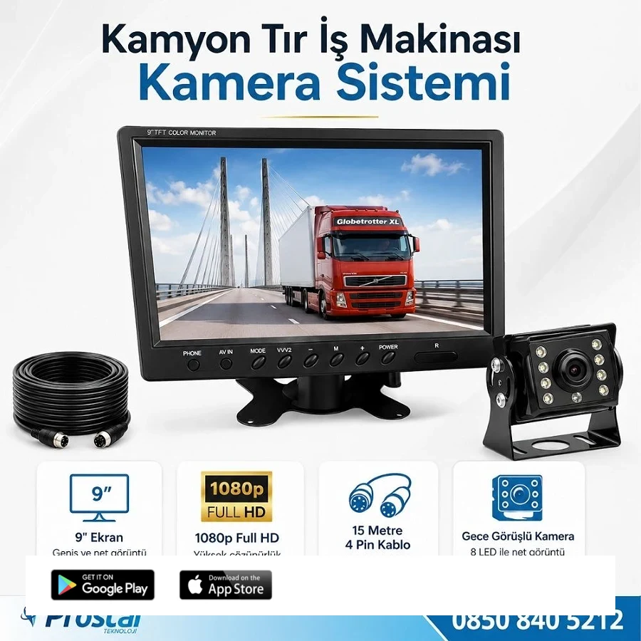 Kamyon Tır ve İş Makinaları için 9 inç AHD Monitörlü 1080P Full HD Kameralı Tak Kullan Set