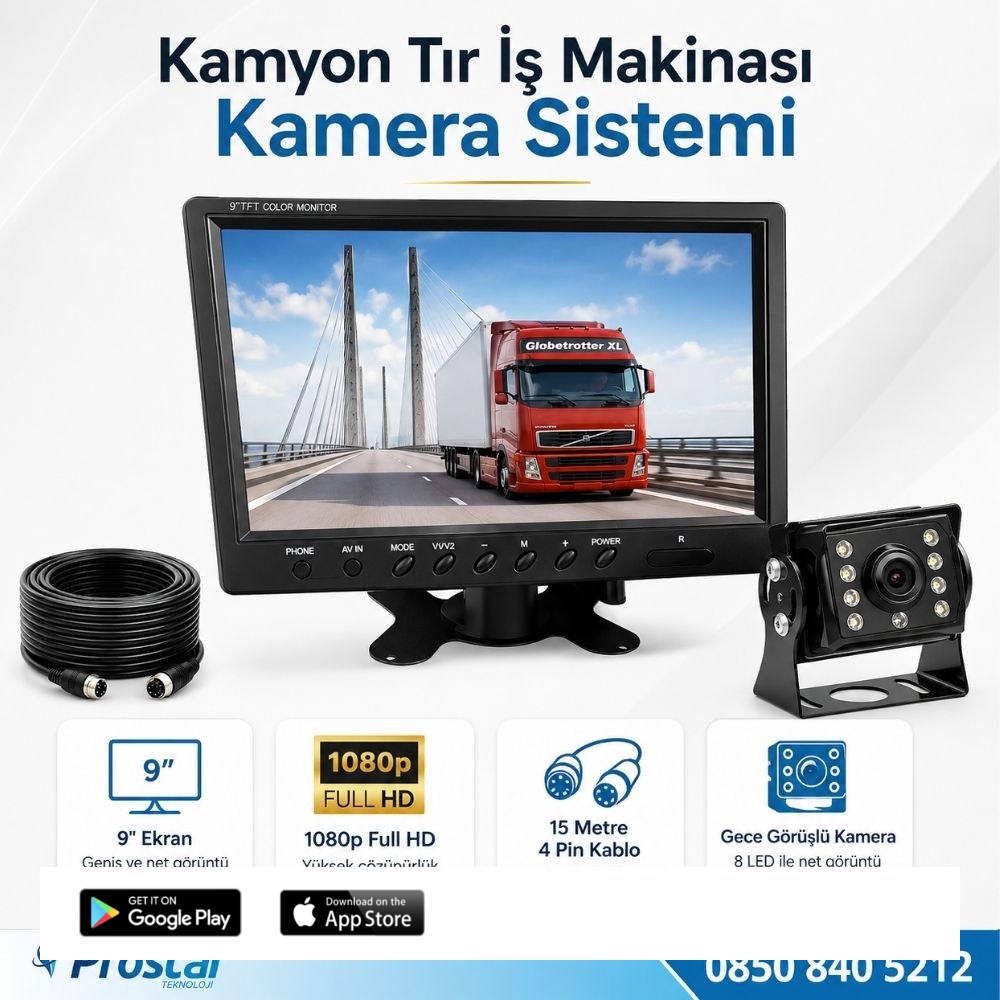 Kamyon Tır ve İş Makinaları için 9 inç AHD Monitörlü 1080P Full HD Kameralı Tak Kullan Set