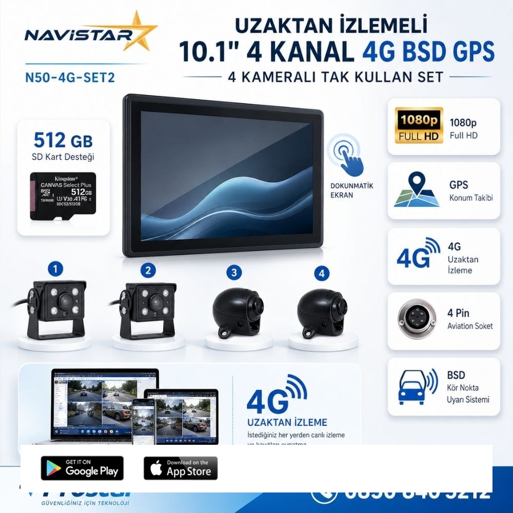 Uzaktan izlemeli 10 inç 4 Kanal 4G GPS BSD Kör Nokta Uyarı Sistemli IR Led Kameralı Profesyonel Araç Kamera Seti