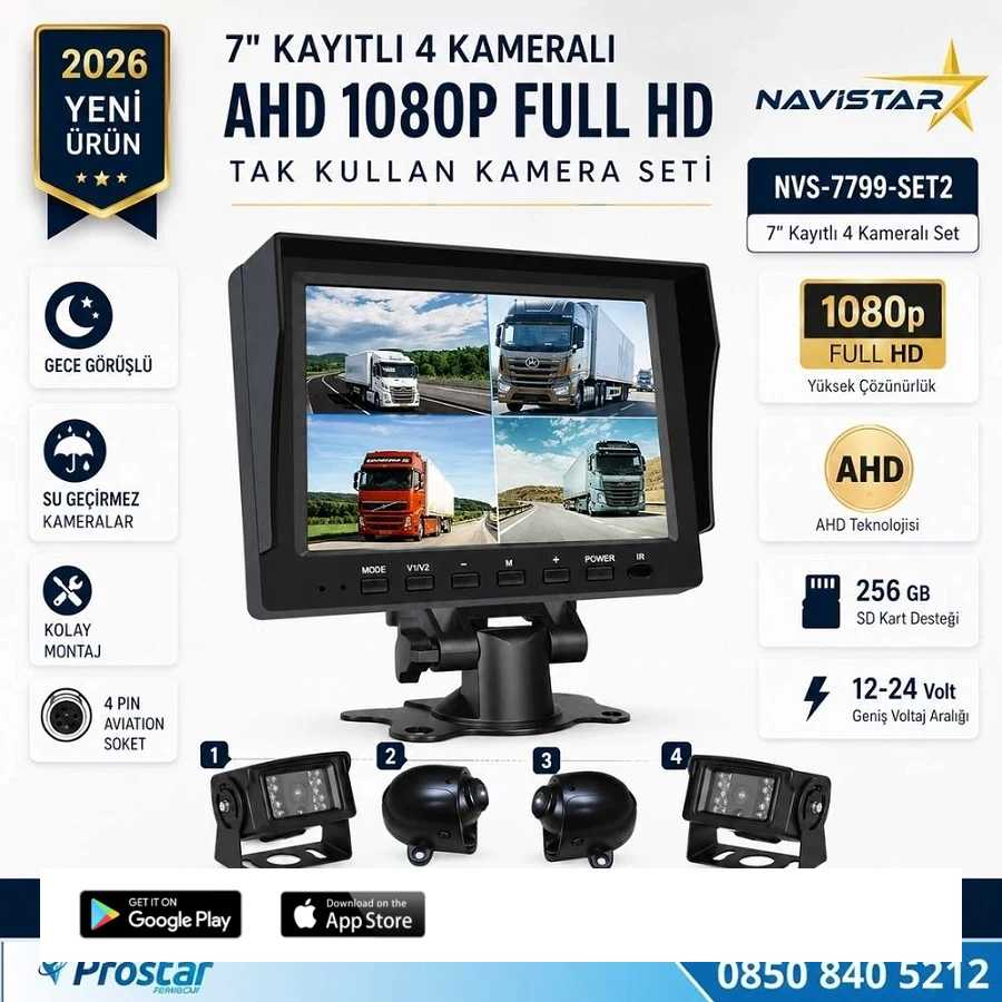 7 inç Kayıtlı AHD 1080P 4 Kameralı Full HD Araç Kamera Sistemi 256GB SD Kart Destekli Gece Görüşlü Tak Kullan Set