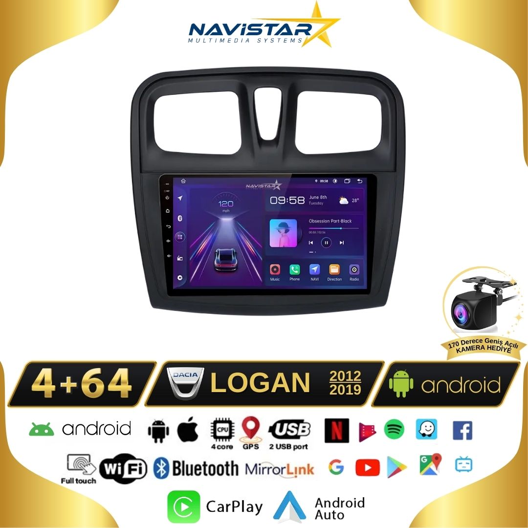 Dacia Logan 2012-2019 Model 4GB + 64GB Android 13 Kablosuz Carplay Navigasyon Multimedya Sistemi