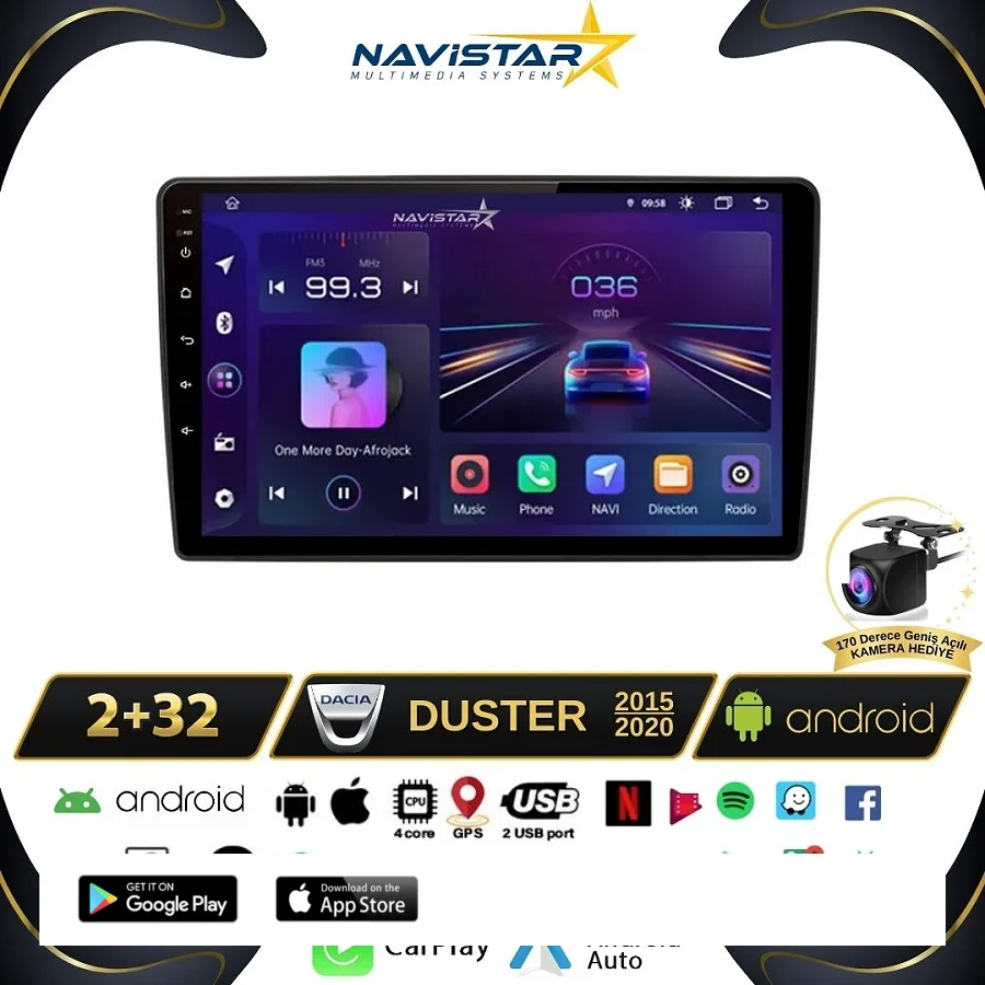 Dacia Duster 2015-2020 Model 2GB + 64GB Android 13 Kablosuz Carplay Navigasyon Multimedya Sistemi