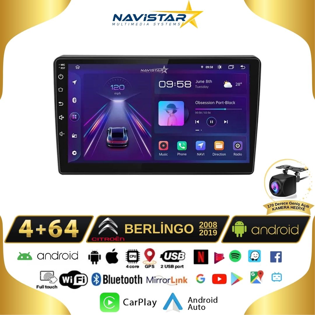 Citroen Berlingo 2008-2019 Model 4GB + 64GB Android 13 Kablosuz Carplay Navigasyon Multimedya Sistemi
