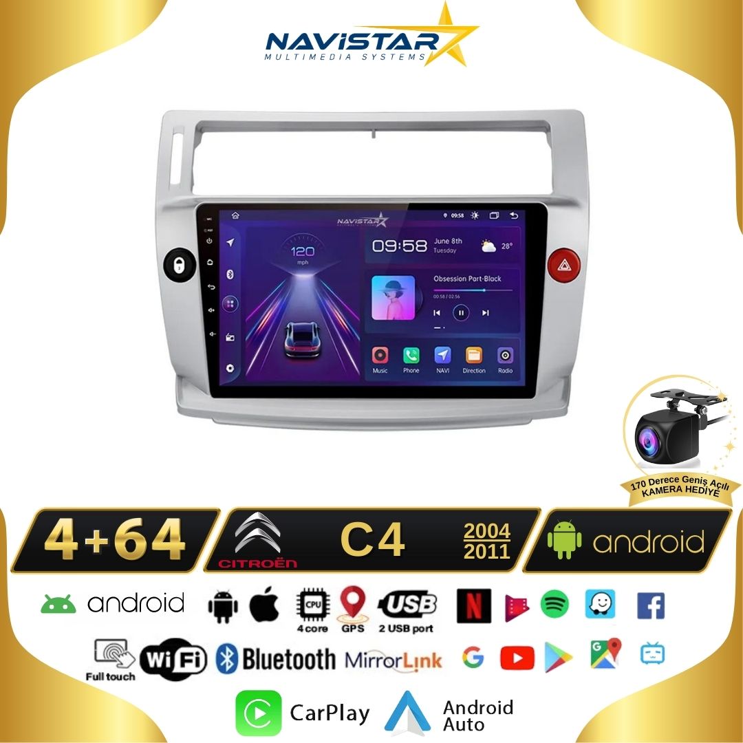 Citroen C4  2004-2011 Model 4GB + 64GB Android 13 Kablosuz Carplay Navigasyon Multimedya Sistemi