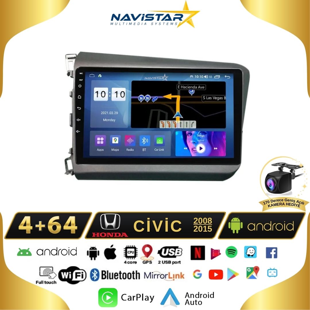 Honda Civic  2008-2015 Model 4GB + 64GB Android 13 Kablosuz Carplay Navigasyon Multimedya Sistemi