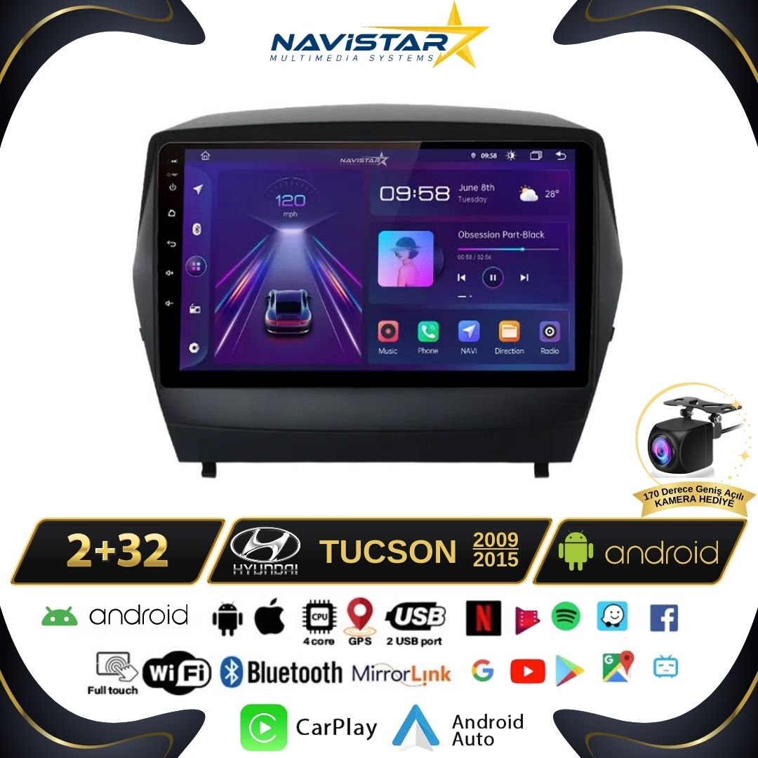 Hyundai Tucson 2+64GB Kablosuz Carplay 2009-2015 Android 13 Navigasyon Multimedya Sistemi