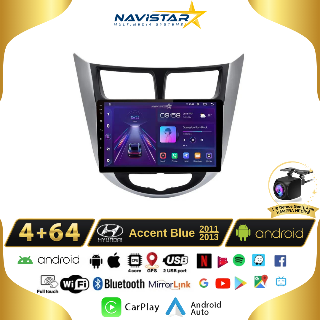 Hyundai  Accent Blue 2011-2013 Model 4GB + 64GB Android 13 Kablosuz Carplay Navigasyon Multimedya Sistemi