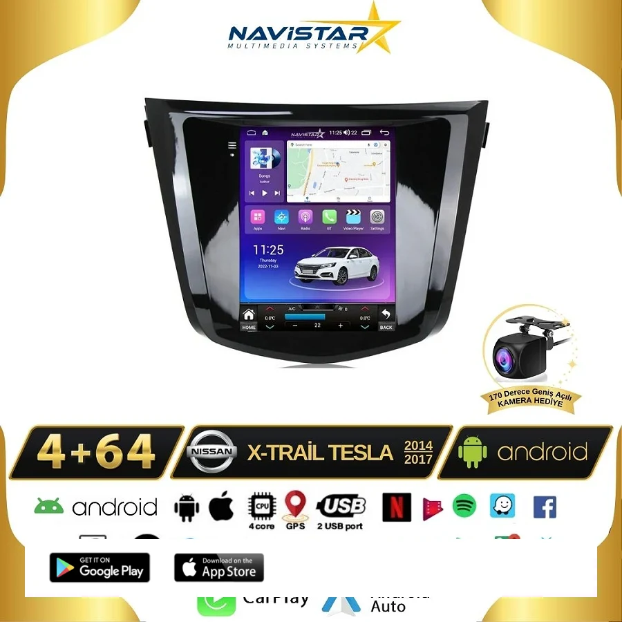 Nissan XTrail Tesla 4GB + 64GB 2014-2017 Model  Kablosuz Carplay Navigasyon Qled Multimedya Sistemi