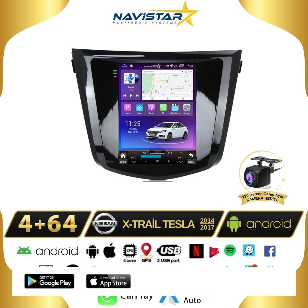 Nissan XTrail Tesla 4GB + 64GB 2014-2017 Model  Kablosuz Carplay Navigasyon Qled Multimedya Sistemi