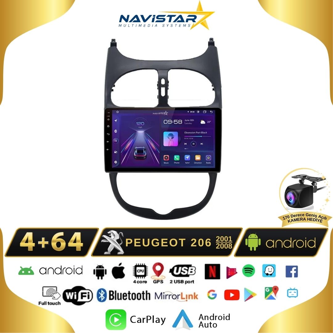 Peugeot 206  2001-2008 Model 4GB + 64GB Android 13 Kablosuz Carplay Navigasyon Multimedya Sistemi