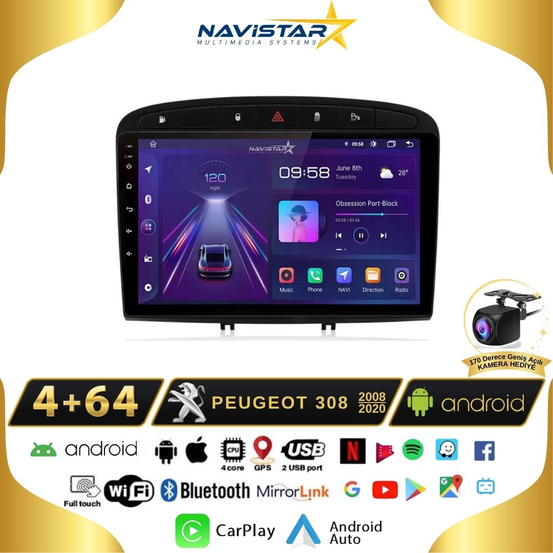 Peugeot 308  2008-2020 Model 4GB + 64GB Android 13 Kablosuz Carplay Navigasyon Multimedya Sistemi