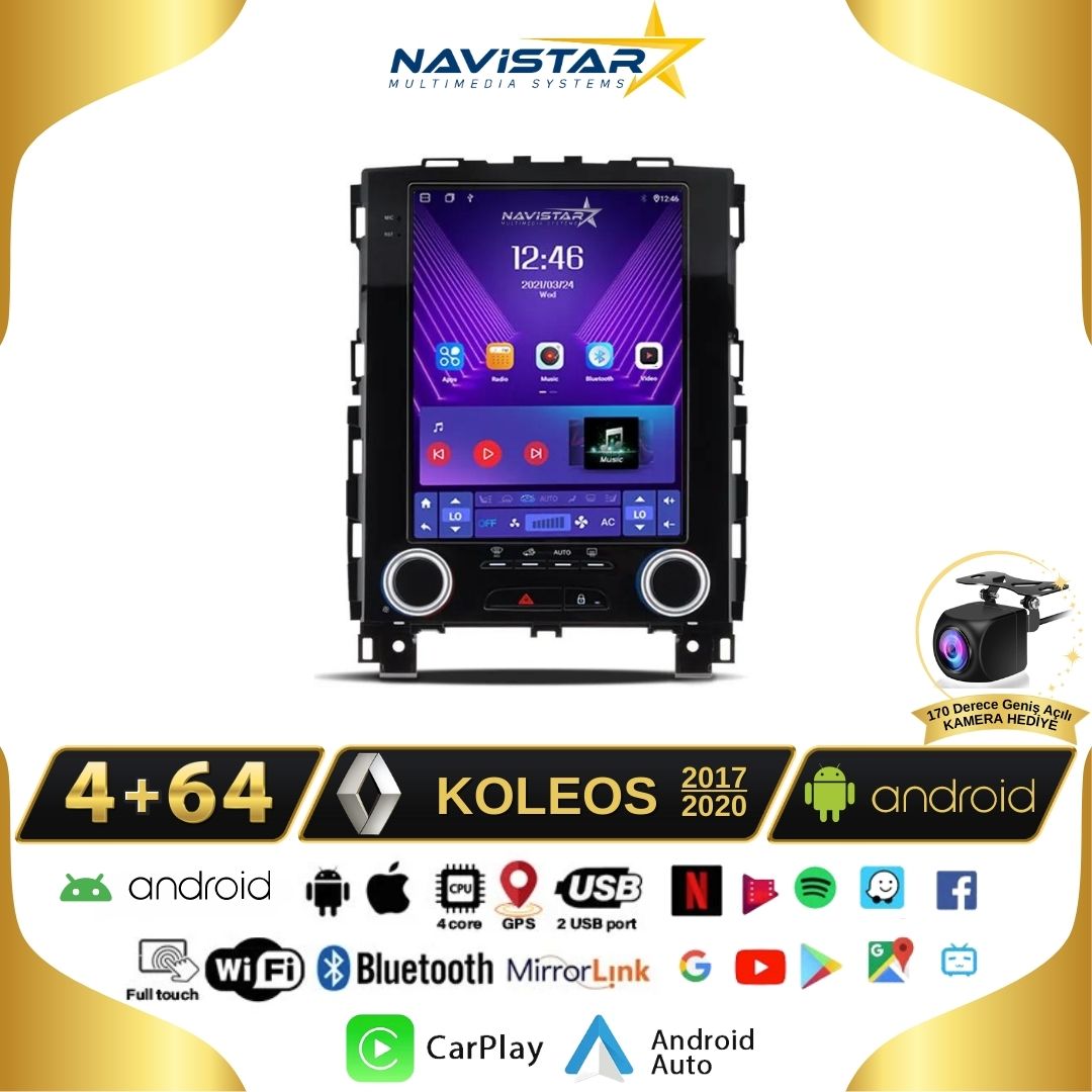 Renault Koleos Tesla 4GB + 64GB 2017-2020 Model Android 13 Qled Kablosuz Carplay Navigasyon Multimedya Sistemi