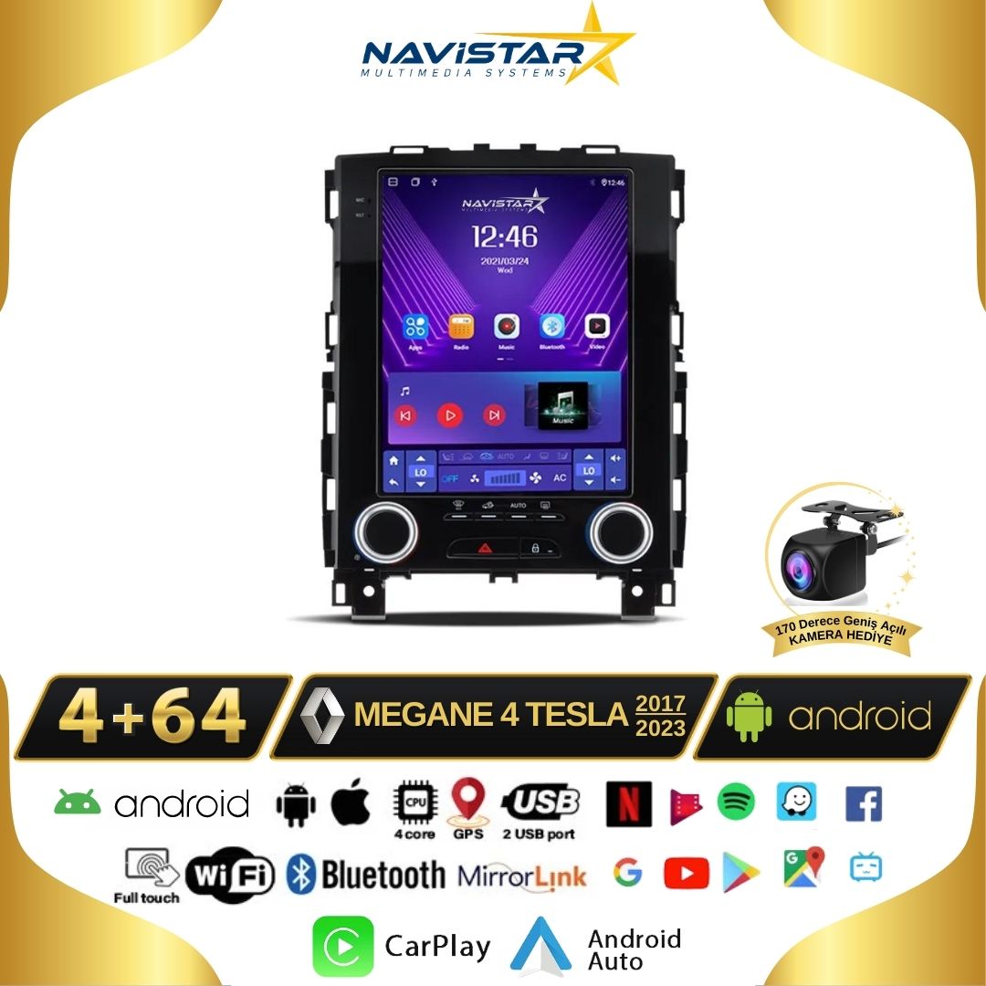 Renault Megane 4 Tesla 4GB + 64GB 2017-2023 Model Android Qled Kablosuz Carplay Navigasyon Multimedya Sistemi