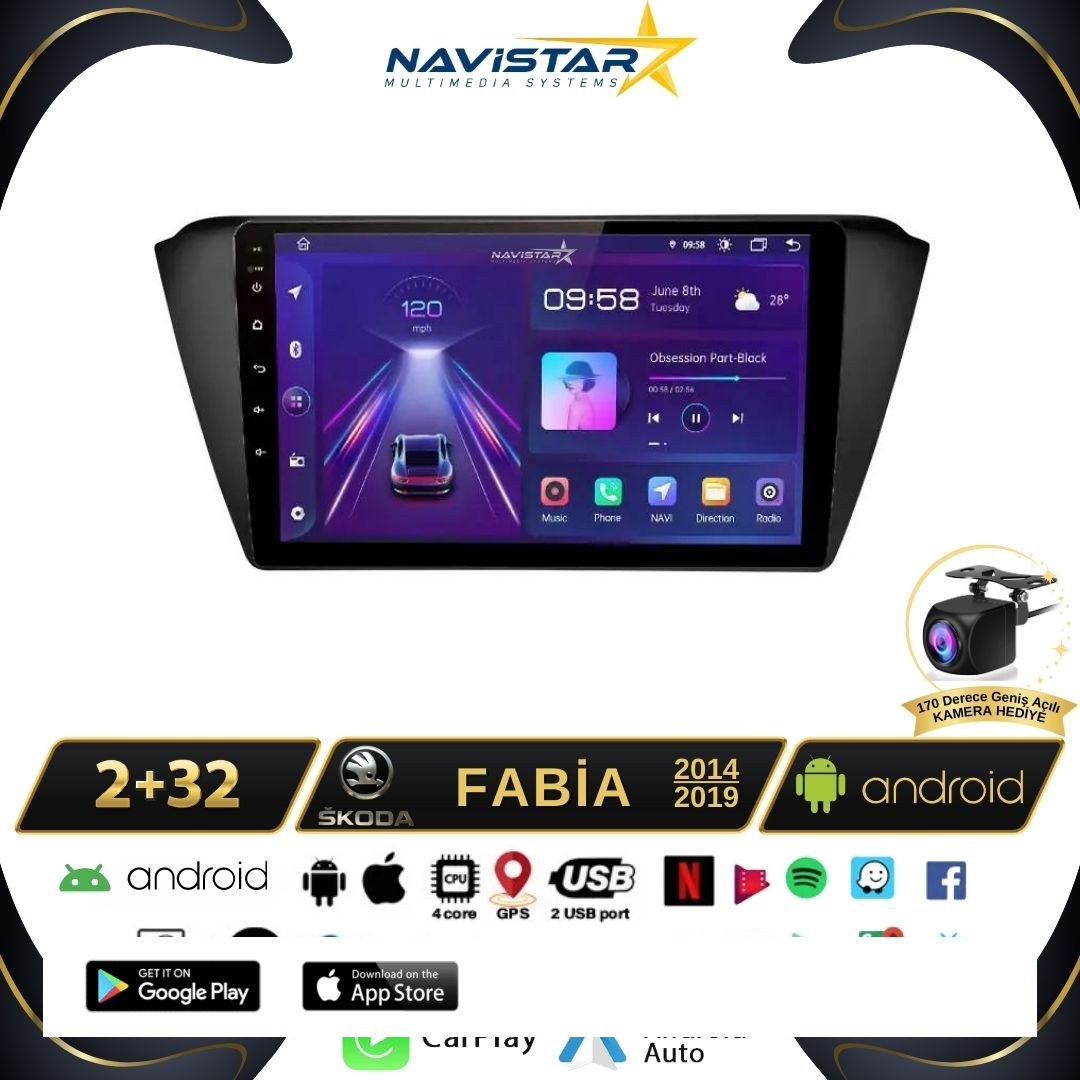 Skoda Fabia 2014-2019 Model 2+64GB Android 13 Kablosuz Carplay Navigasyon Multimedya Sistemi