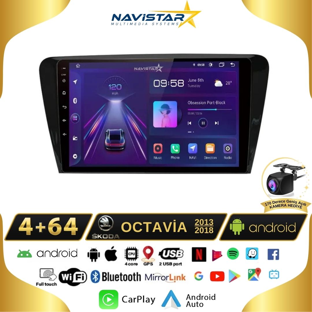Skoda Octavia 2013-2018 Model 4GB + 64GB Android 13 Kablosuz Carplay Navigasyon Multimedya Sistemi