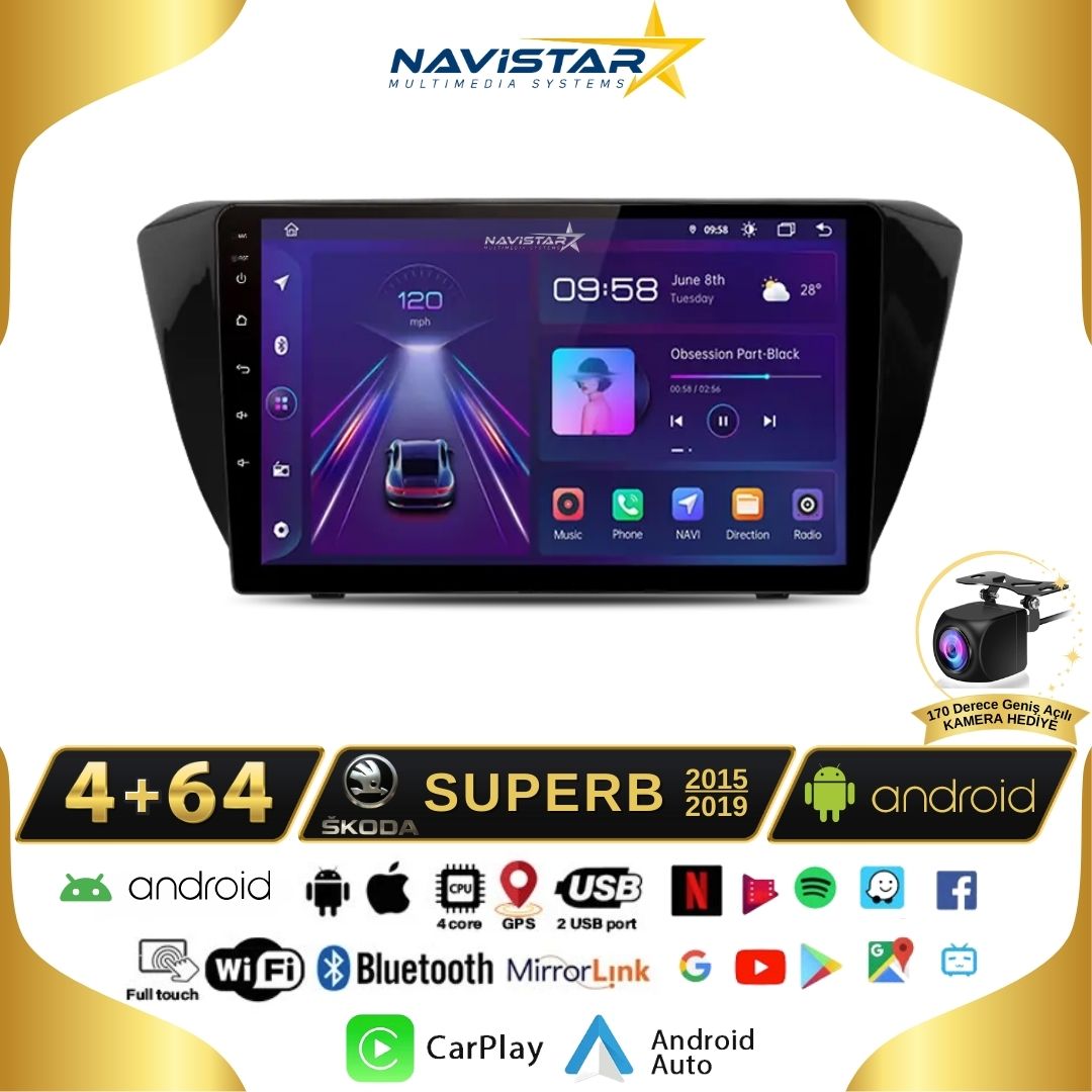 Skoda Superb 2015-2019 Model 4GB + 64GB Android 13 Kablosuz Carplay Navigasyon Multimedya Sistemi