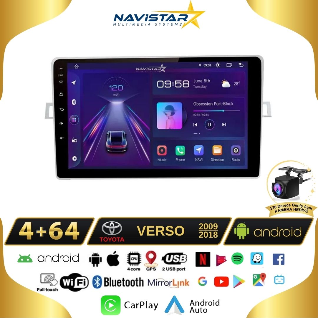 Toyota Verso 2009-2018 Model 4GB + 64GB Android 13 Kablosuz Carplay Navigasyon Multimedya Sistemi
