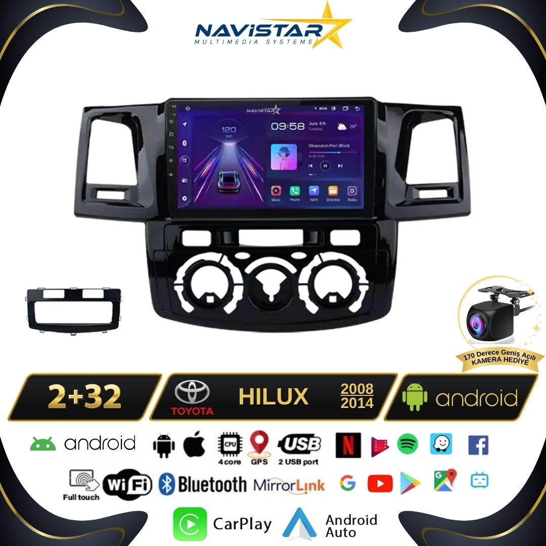 Toyota Hilux 2008-2014 Model 2+64GB Android 13 Kablosuz Carplay Navigasyon Multimedya Sistemi