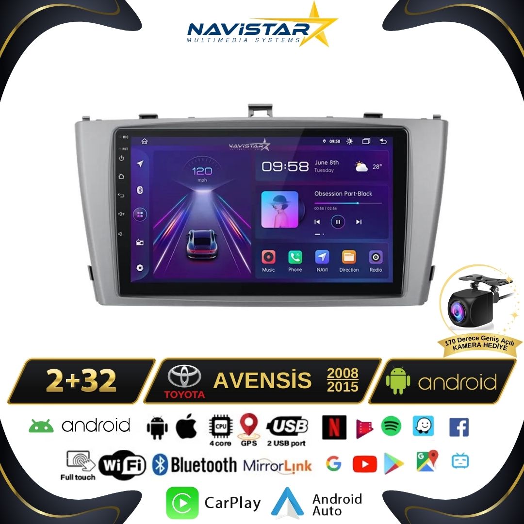 Toyota Avensis 2008-2015 Model 2+64GB Android 13 Kablosuz Carplay Navigasyon Multimedya Sistemi
