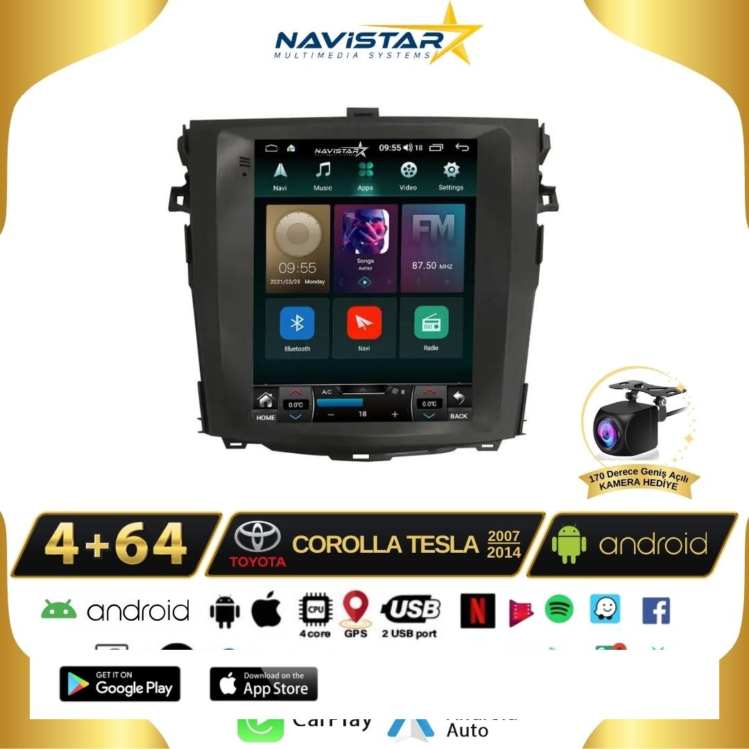 Toyota Corolla Tesla 4GB + 64GB 2007-2014 Model Kablosuz Carplay Navigasyon Qled Multimedya Sistemi