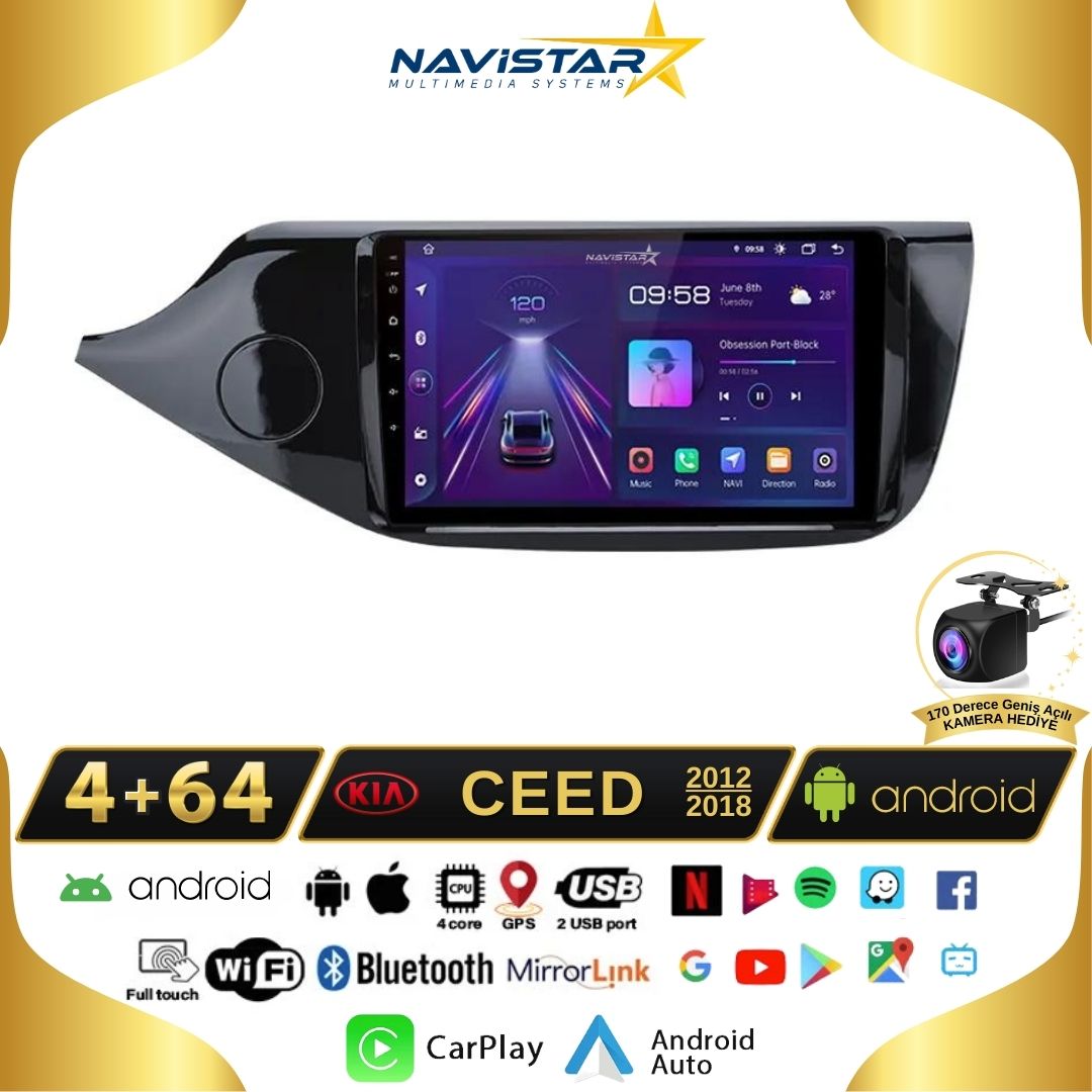 Kia Ceed 2012-2018 Model 4GB + 64GB Android 13 Kablosuz Carplay Navigasyon Multimedya Sistemi