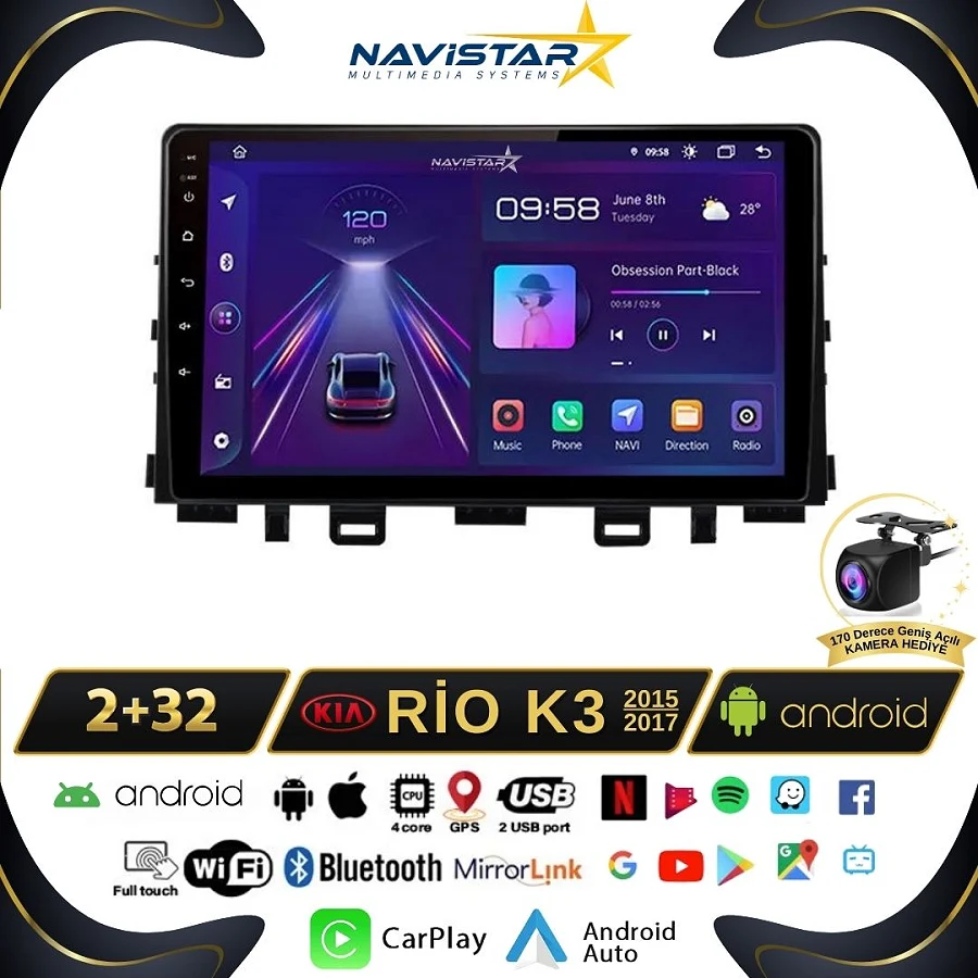 Kia Rio K3 2015-2017 Model 2+64GB Android 13 Kablosuz Carplay Navigasyon Multimedya Sistemi