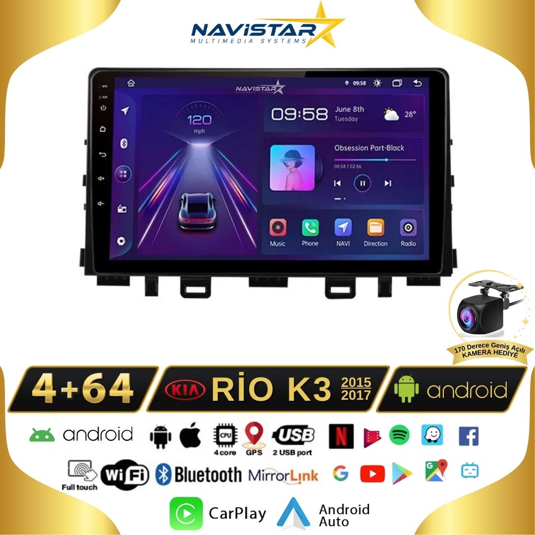Kia Rio K3 2015-2017 Model 4+64 GB Android 13 Kablosuz Carplay Navigasyon Multimedya Sistemi