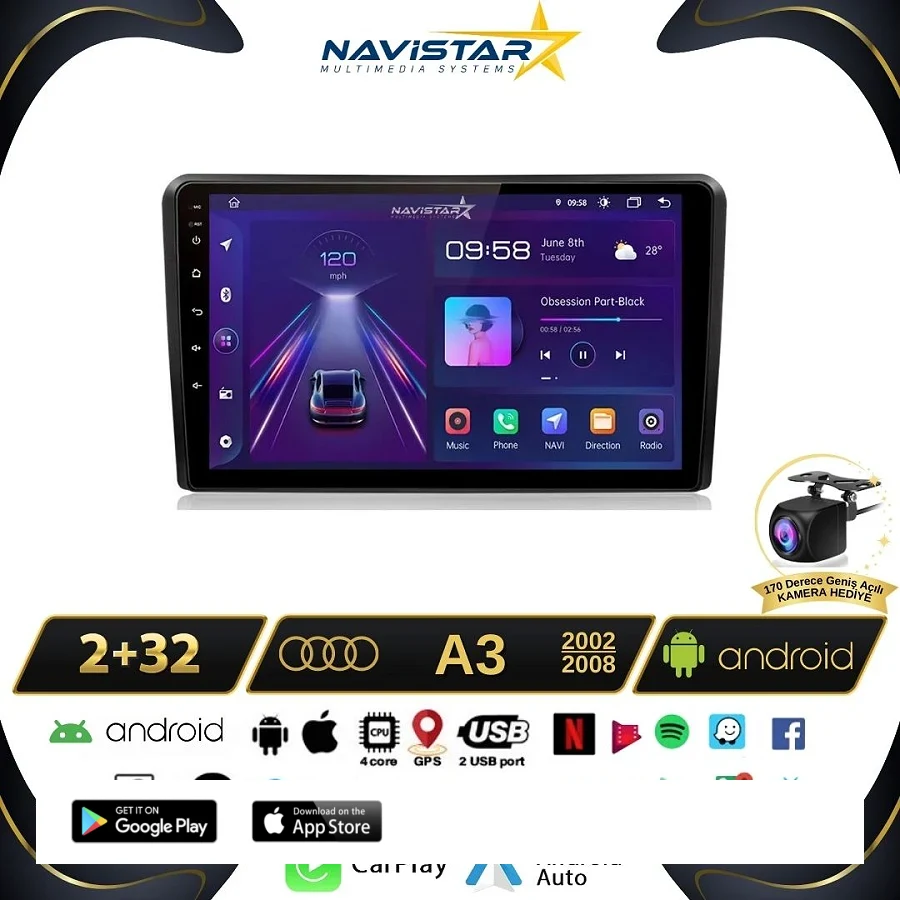 Audi A3 2002-2008 Model 2GB + 64GB Android 13 Kablosuz Carplay Navigasyon Multimedya Sistemi