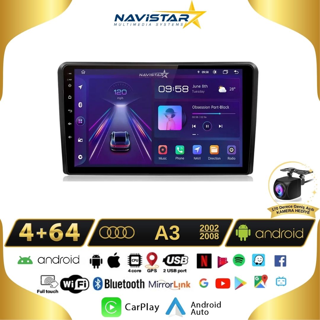 Audi A3 4GB + 64GB 2002-2008 Model Android 13 Kablosuz Carplay Navigasyon Multimedya Sistemi