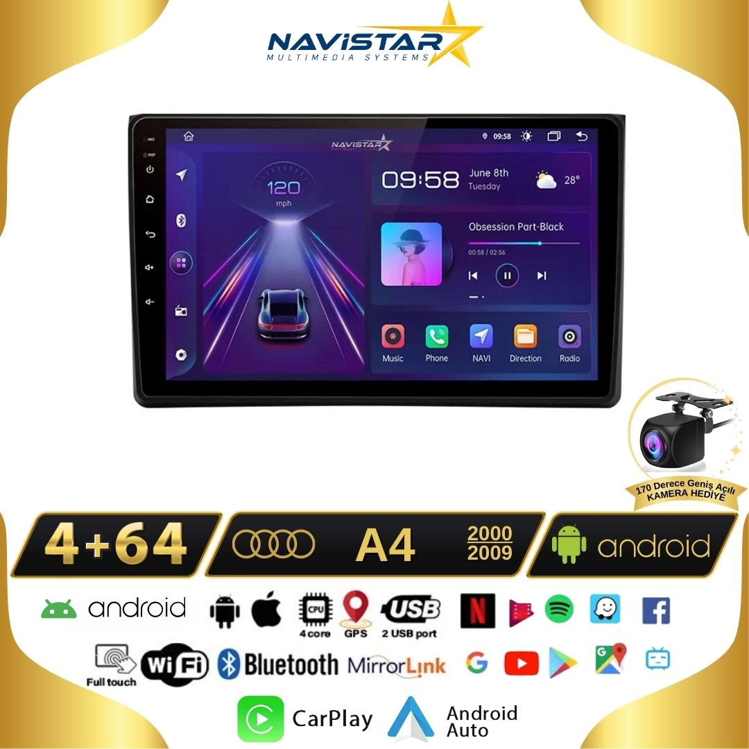 Audi A4  2000-2009 Model 4GB + 64GB Android 13 Kablosuz Carplay Navigasyon Multimedya Sistemi