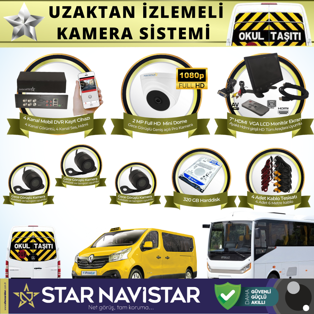 Okul Servis Kamera Sistemi Seti Uzaktan Izlemeli 4 Kameralı 7" Hdmi Monitör 320 Gb Harddisk Dahil