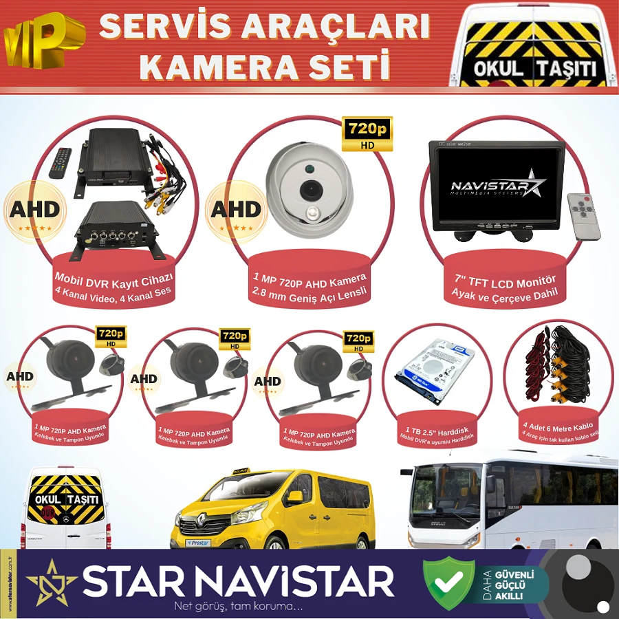 Okul Servis Kamera Seti 4 Kameralı 7" Monitör 4 Kameralı 1 Tb Harddisk Dahil