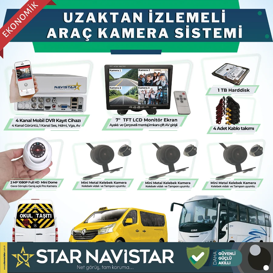 Ekonomik 4 Kameralı Kayıtlı 1 Tb Hdd 7 Inç Ekranlı Uzaktan İzlemeli Tak Kullan Set
