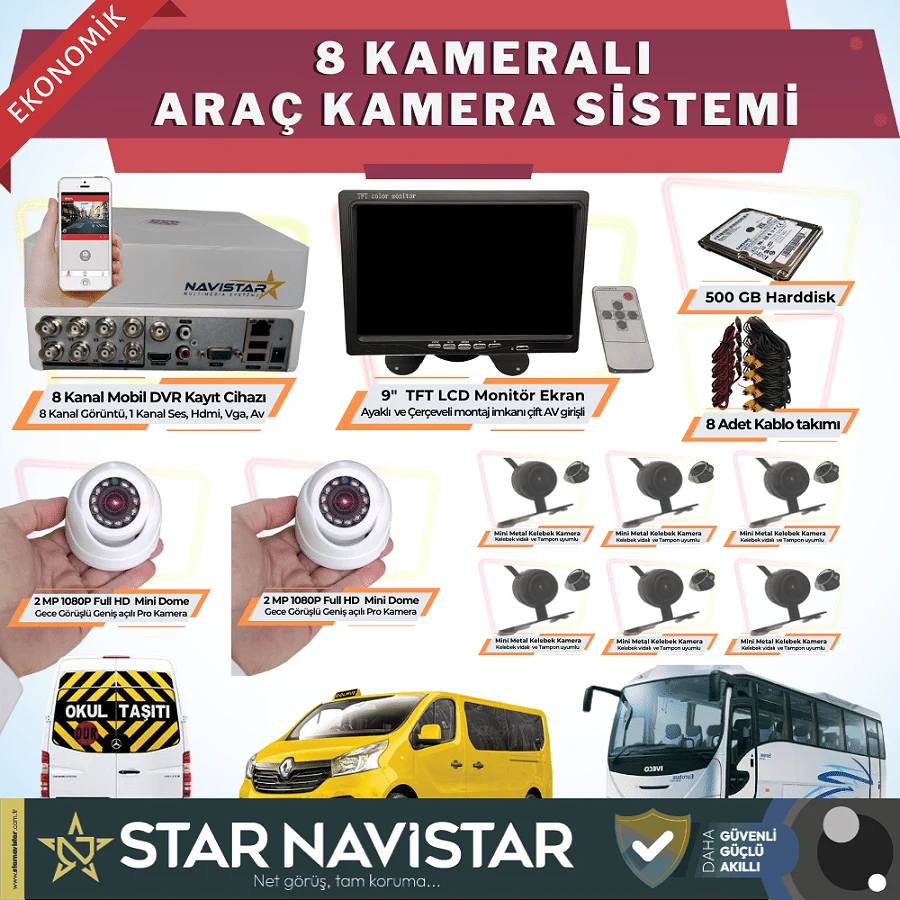 8 Kameralı Kayıtlı 1 Tb Hdd 9  Inç Ekranlı Uzaktan İzlemeli Tak Kullan Set
