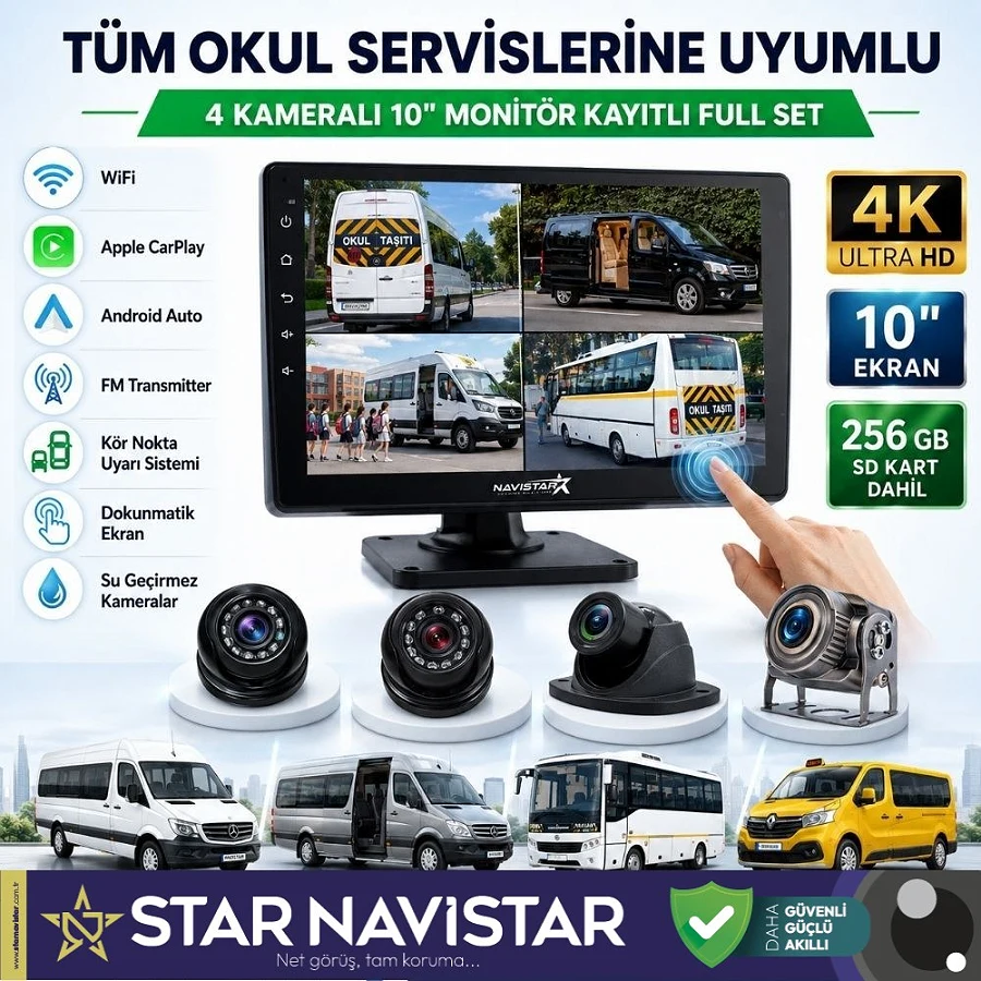 256 Gb Sd Dahil Kayıtlı 4 Kameralı 10 Inç Dokunmatik Ekranlı Servis Okul Kamera Seti
