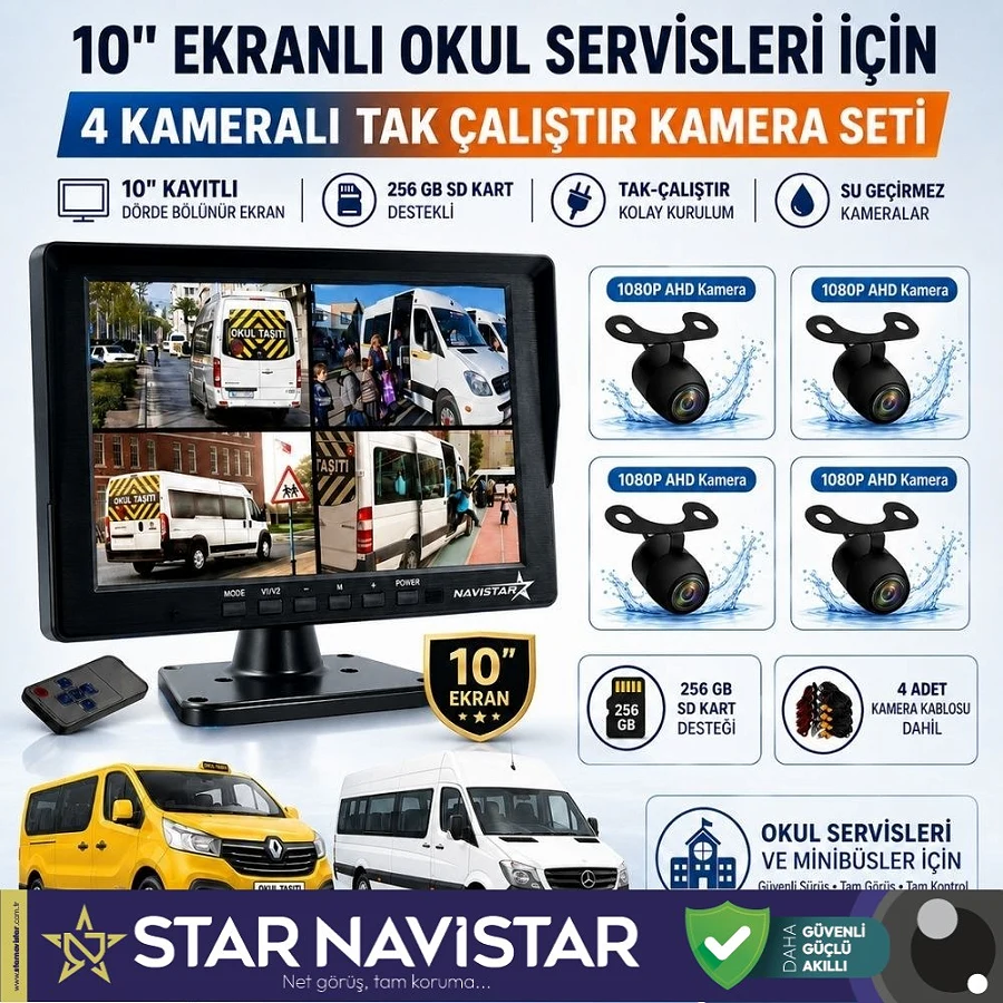 Kayıtlı 10" Dörde Bölünebilir 4 Kameralı Ahd 720P Okul Servisler Için Kamera Seti
