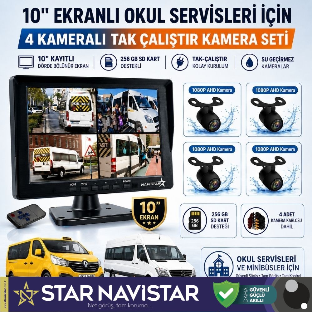 Kayıtlı 10" Dörde Bölünebilir 4 Kameralı Ahd 720P Okul Servisler Için Kamera Seti