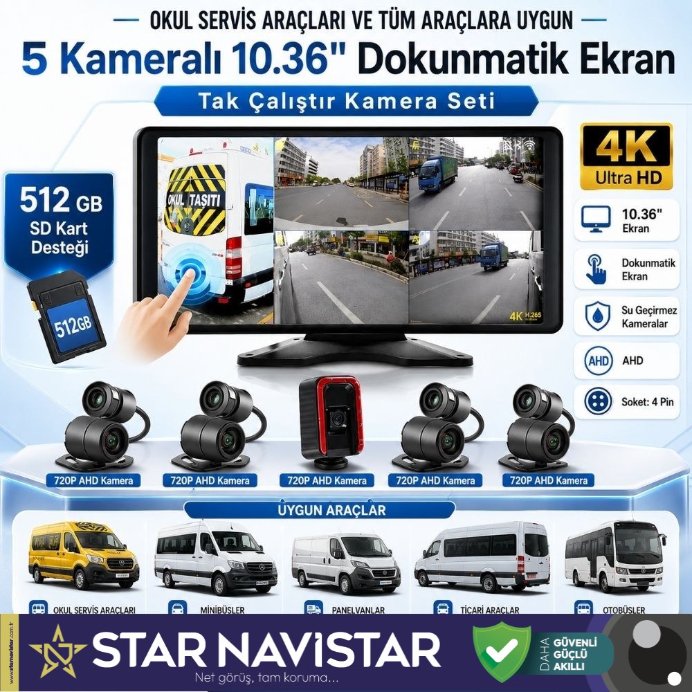 Servisler Için 5 Kameralı 10.36" Dokunmatik Kayıtlı Ekranlı 256 Gb Sd Kart Destekli Araç Kamera Seti