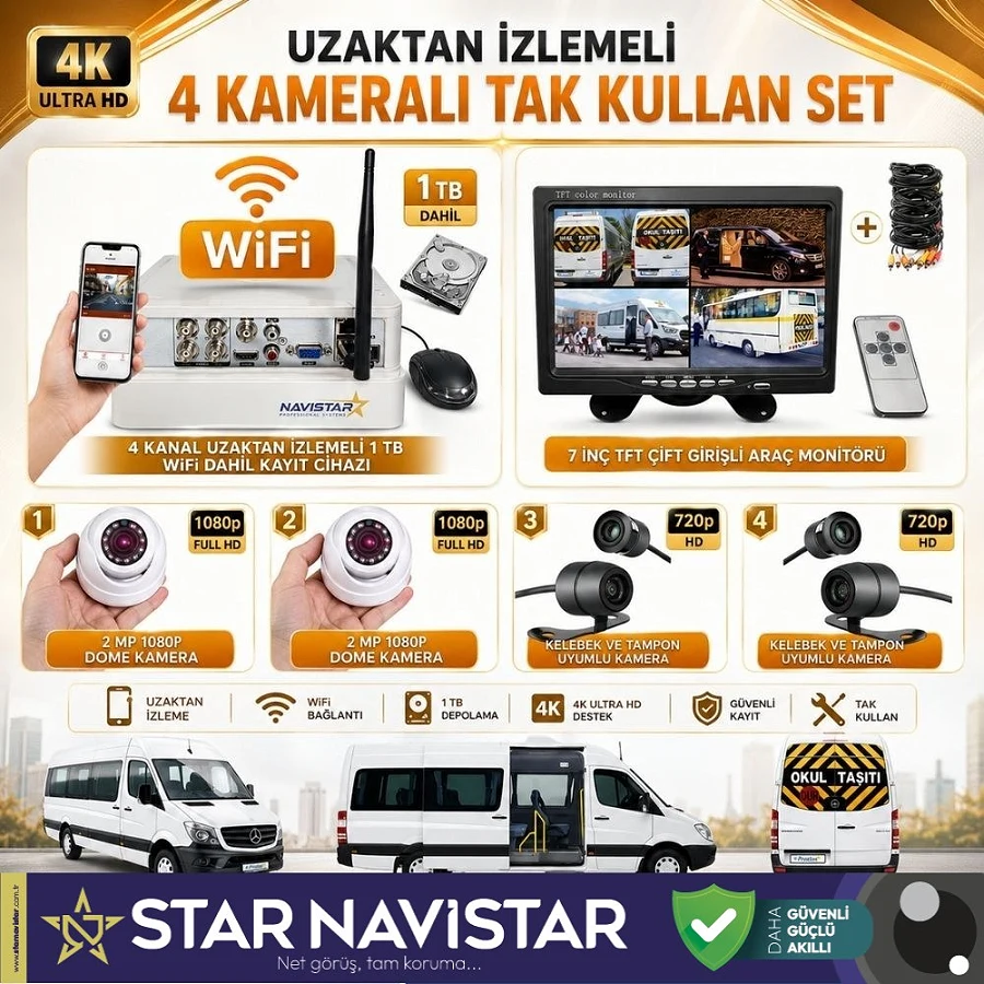 Uzaktan izlemeli 4 Kameralı Wifi 1 Tb Harddisk 7 Inç Ekranlı Araç Kamera Seti