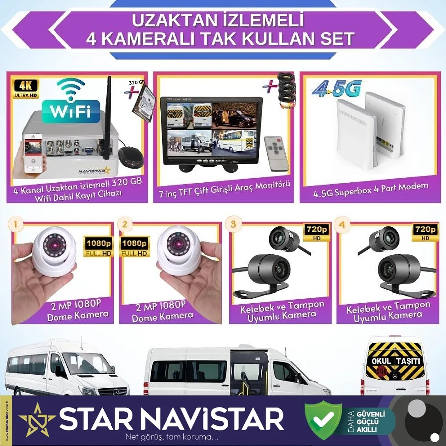 Uzaktan izlemeli 4 Kameralı Wifi 4G 320 Gb Harddisk 7 Inç Ekranlı Araç Kamera Seti